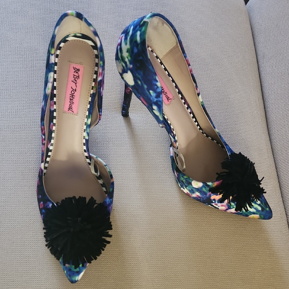 Betsey Johnson Multicolor Floral Heels with Black Pom Pom